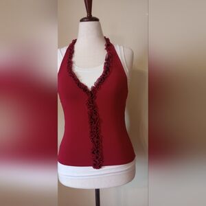 Bebe Red and Black Ruffle Trim Top